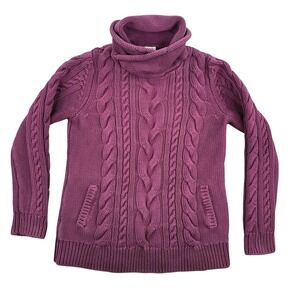 LL Bean Sweater  Womens L Burgandy Cable Knit Chuncky Funnelneck 513958